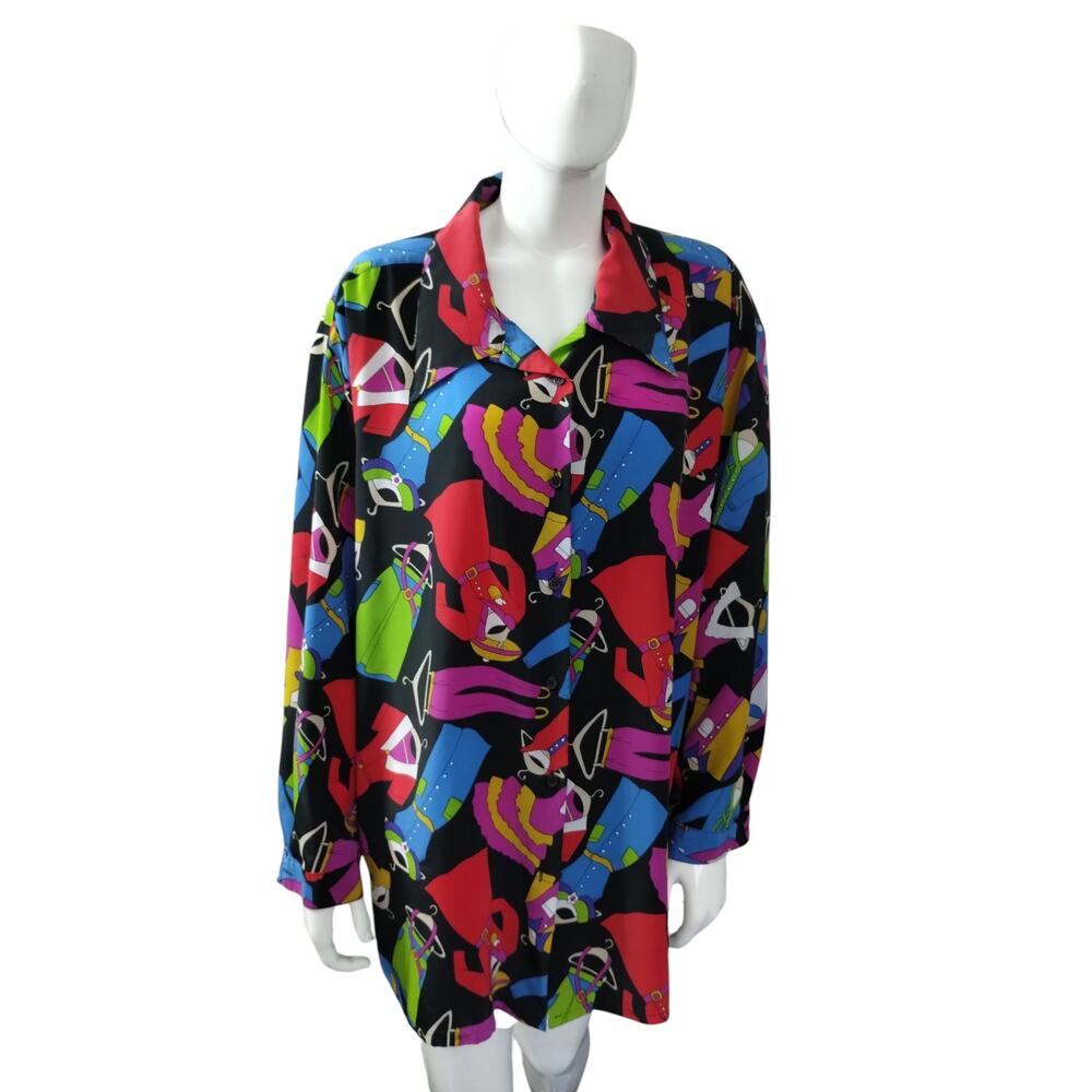 Vintage Y2K Women's Size 18W Colorful Button Up Casual Grannycore Novelty Top